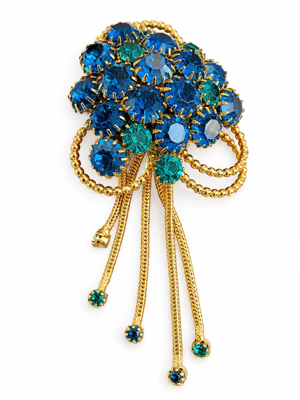 Vintage Unsigned Blue & Green Rhinestone Tassel Brooch Gold Tone Statement Pin